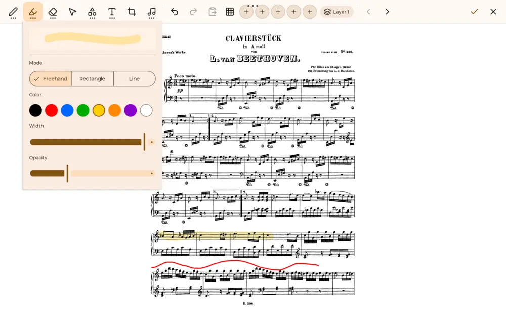 Annotating a PDF score in ScoreDesk with the highlighter tool: color, width and opacity controls
