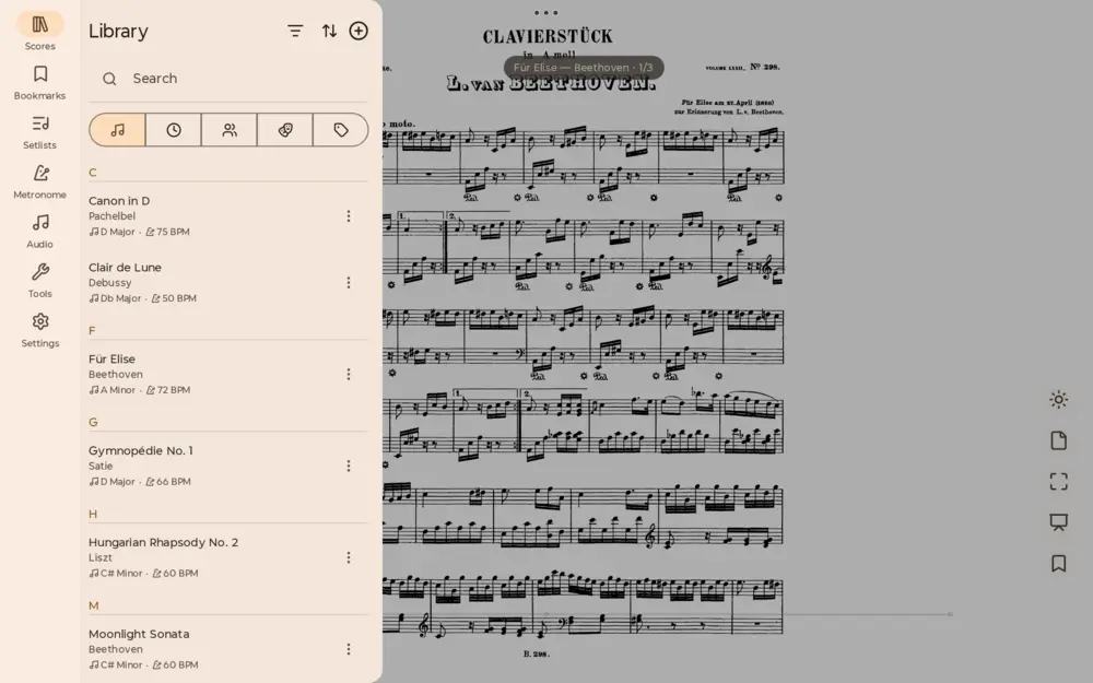 ScoreDesk music library organized by title and artist with search and filters