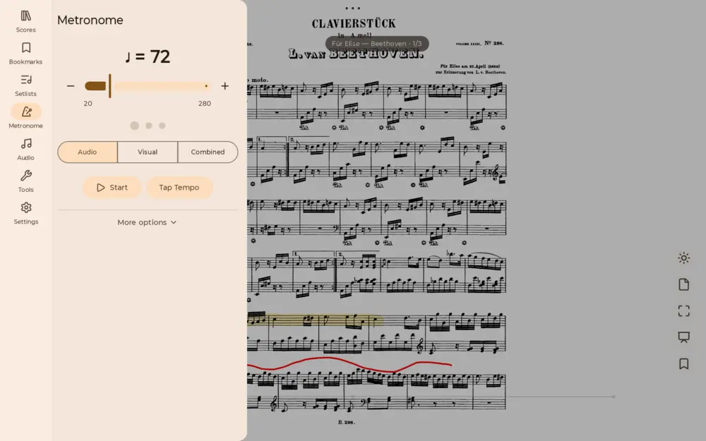 Built-in metronome panel in ScoreDesk over an open score