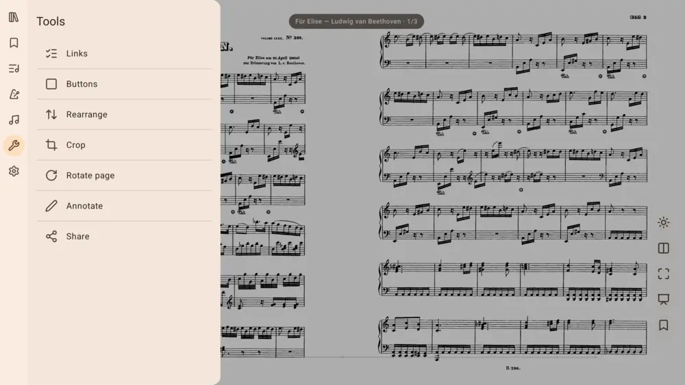 ScoreDesk tools panel open over a score, with crop, rotate, rearrange and links