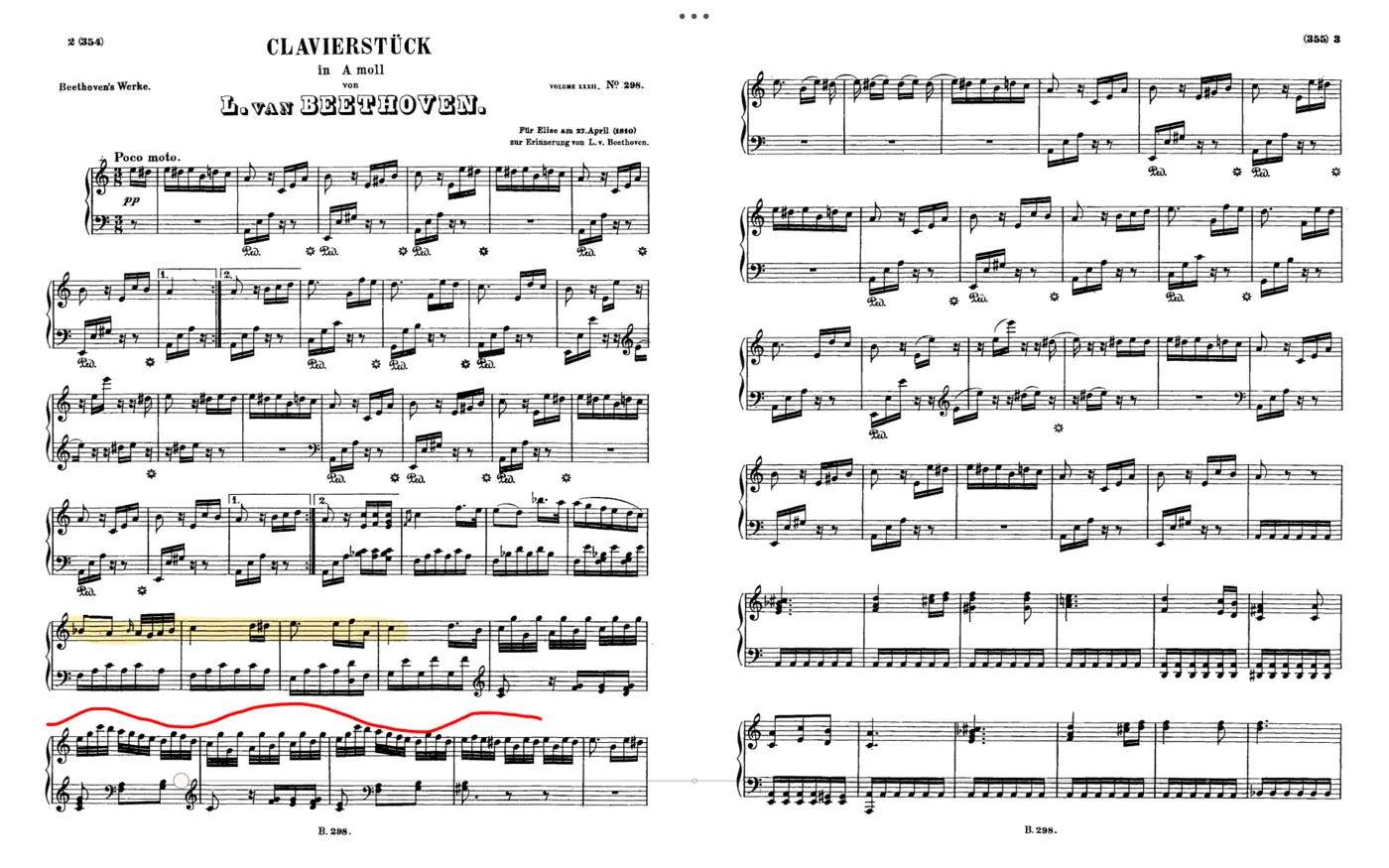 ScoreDesk displaying two pages of a piano score side by side on an Android tablet, with highlighter and pen annotations